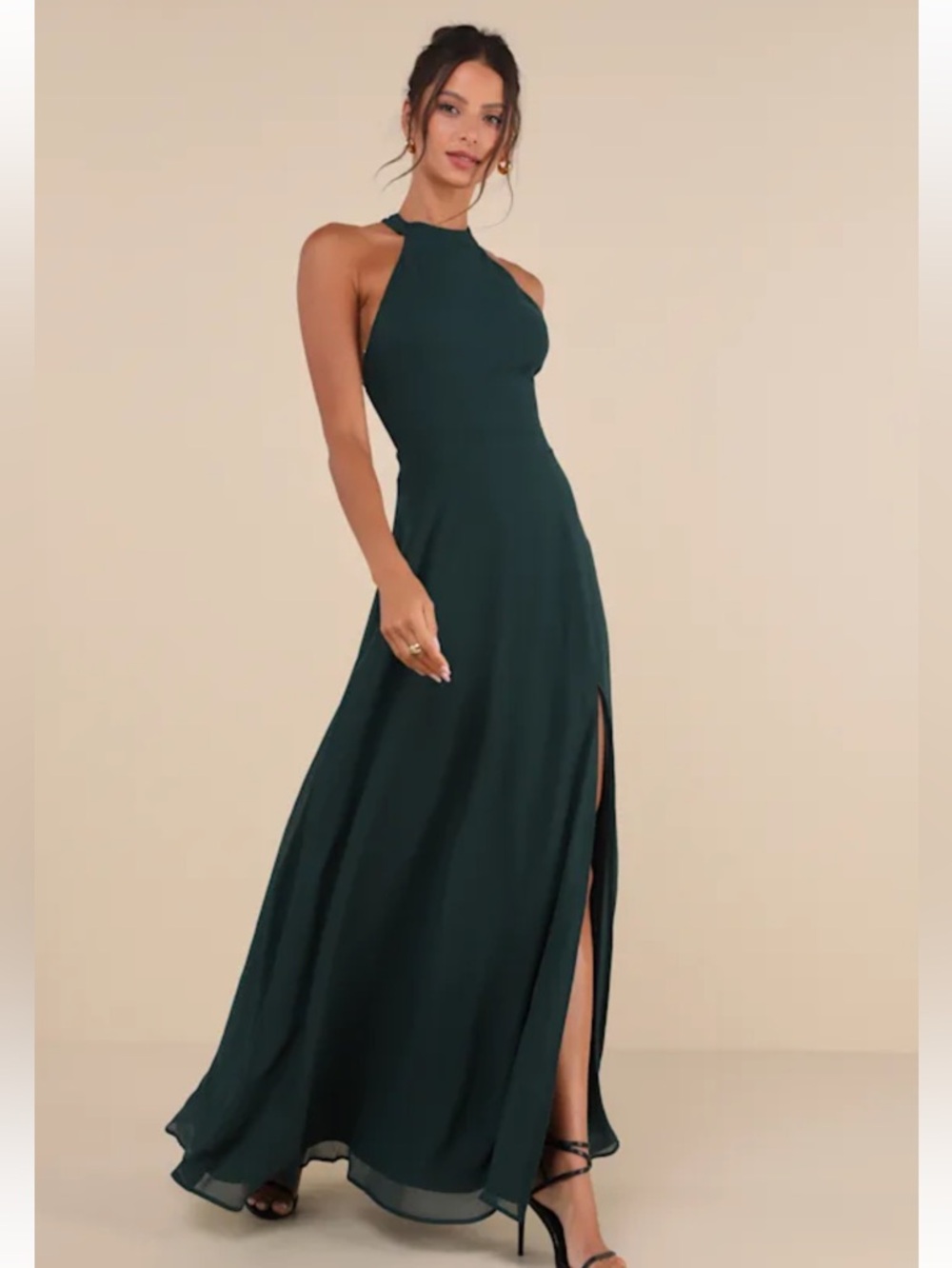 NWT Lulus Confidently Charismatic Emerald Backless Halter Maxi Dress